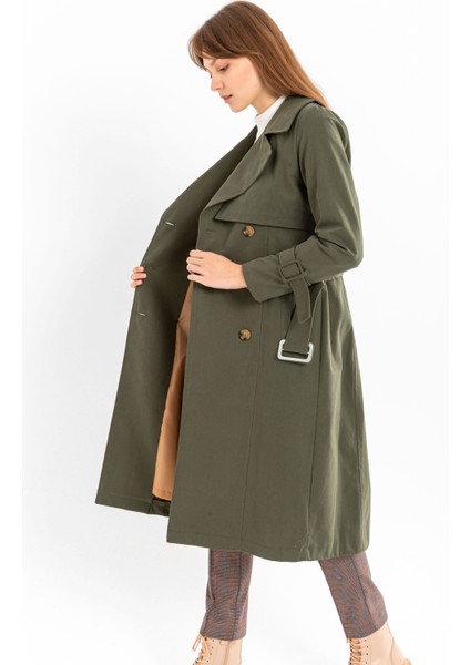 Pamuk Gabardin Uzun (110CM) Astarlı Kemerli Kadın Trençkot 1111