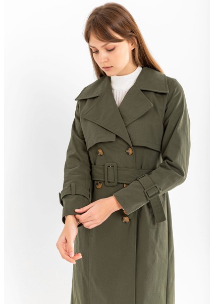 Pamuk Gabardin Uzun (110CM) Astarlı Kemerli Kadın Trençkot 1111 indirimleri
