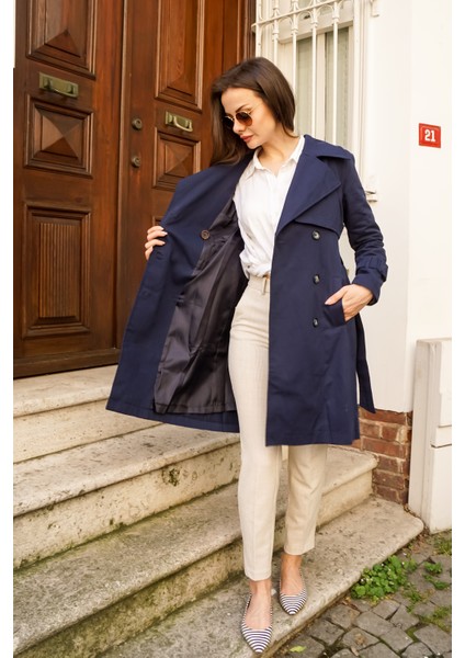 %100 Pamuk Gabardin Midi (95CM) Astarlı Kemerli Kadın Trençkot 1113