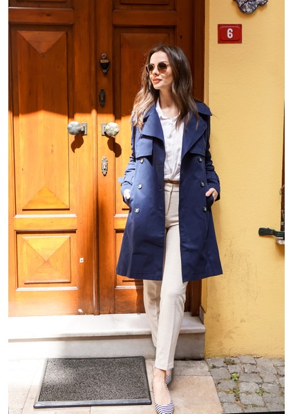 %100 Pamuk Gabardin Midi (95CM) Astarlı Kemerli Kadın Trençkot 1113 fırsatları
