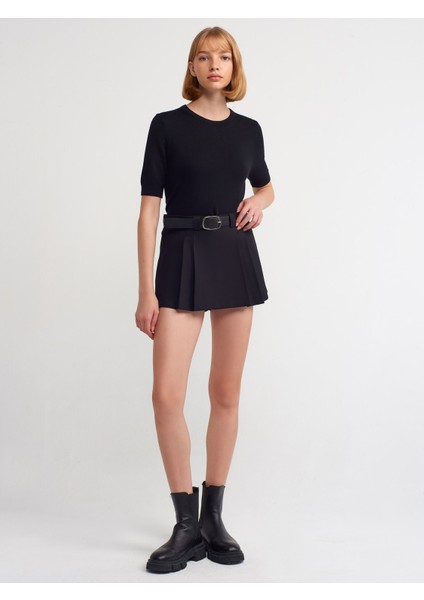 80813 Kemerli Duble Mini Şort Etek-Siyah