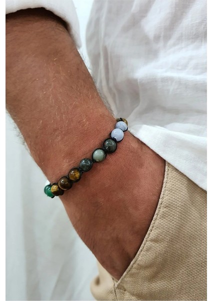 Yengeç Burcu Şık Erkek Doğal Taş Bileklik ( Havlit , Aventurin , Kaplan , Labradorit ,