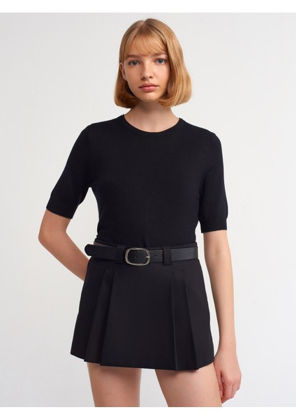 80813 Kemerli Duble Mini Şort Etek-Siyah