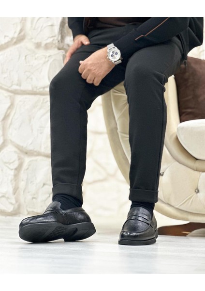 2441 Deri Mat Siyah Casual Erkek Ayakkabı