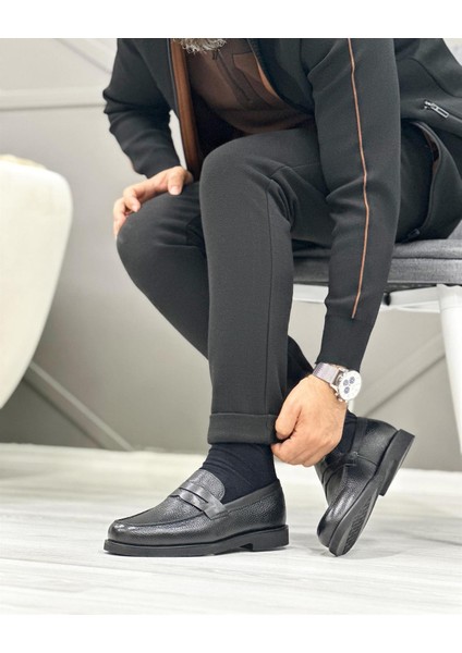 2441 Deri Mat Siyah Casual Erkek Ayakkabı