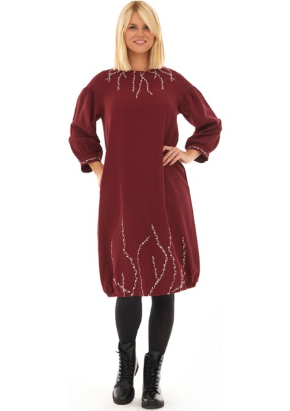 Pazen Bordo Sarmaşık Işlemeli Sonbahar Kış Elbise
