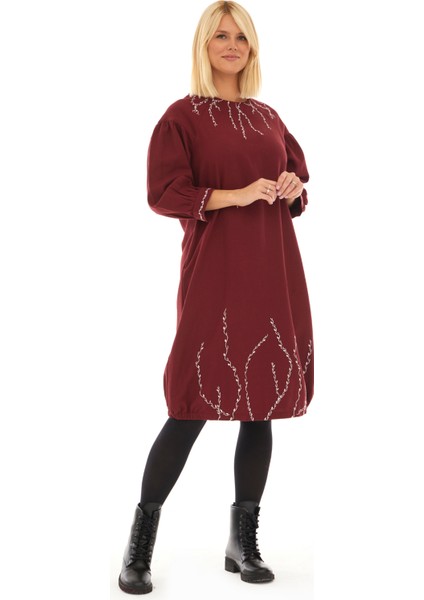 Pazen Bordo Sarmaşık Işlemeli Sonbahar Kış Elbise fiyatları