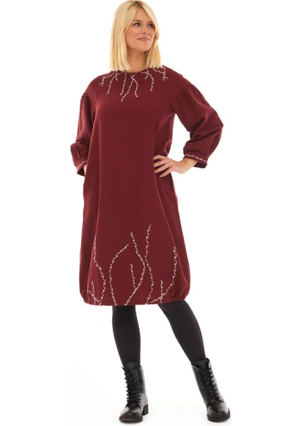 Pazen Bordo Sarmaşık Işlemeli Sonbahar Kış Elbise modelleri