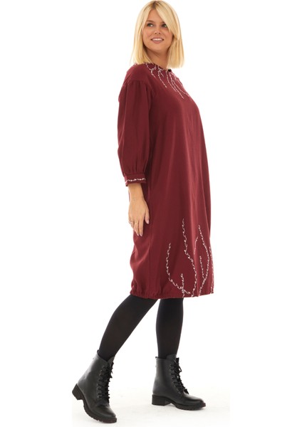 Pazen Bordo Sarmaşık Işlemeli Sonbahar Kış Elbise fırsatları