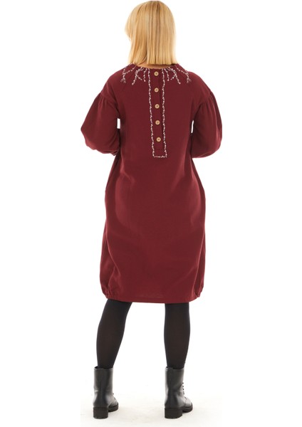 Pazen Bordo Sarmaşık Işlemeli Sonbahar Kış Elbise indirimleri