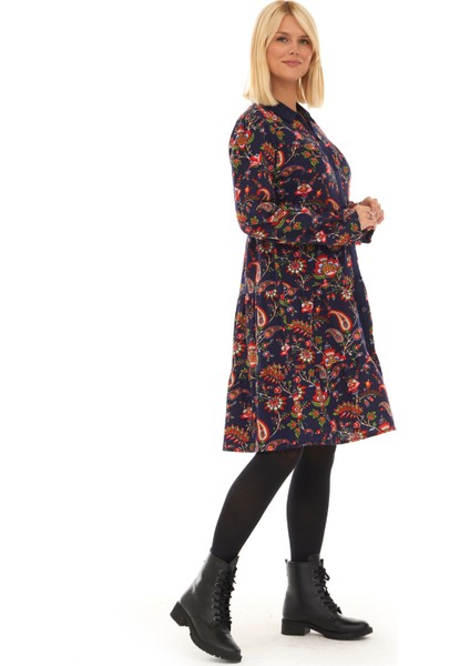 Pazen Lacivert Sarmaşık Desen Sonbahar Kış Elbise fiyatları