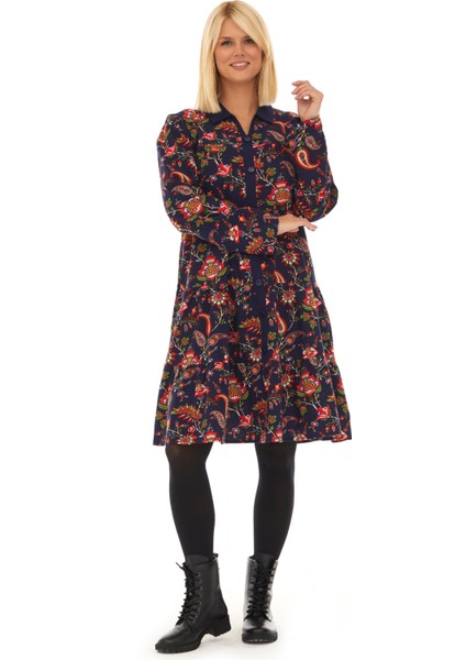 Pazen Lacivert Sarmaşık Desen Sonbahar Kış Elbise modelleri