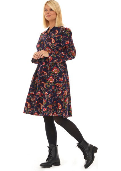 Pazen Lacivert Sarmaşık Desen Sonbahar Kış Elbise fırsatları