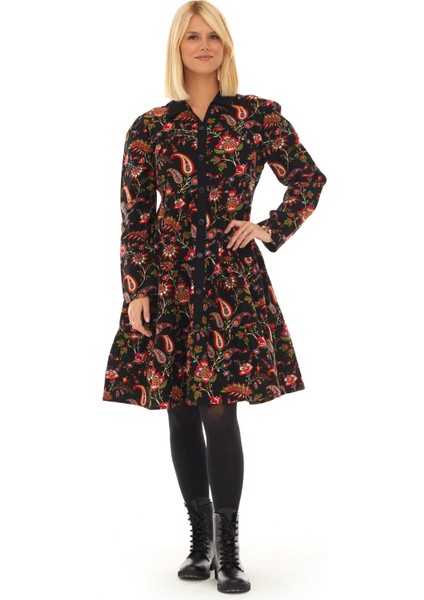 Pazen Siyah Sarmaşık Desen Sonbahar Kış Elbise