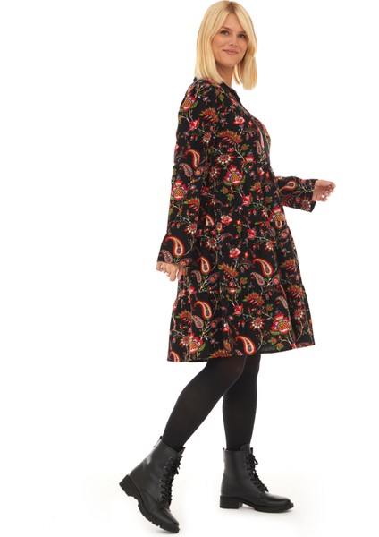 Pazen Siyah Sarmaşık Desen Sonbahar Kış Elbise fiyatları