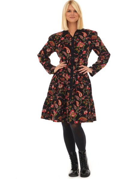 Pazen Siyah Sarmaşık Desen Sonbahar Kış Elbise modelleri