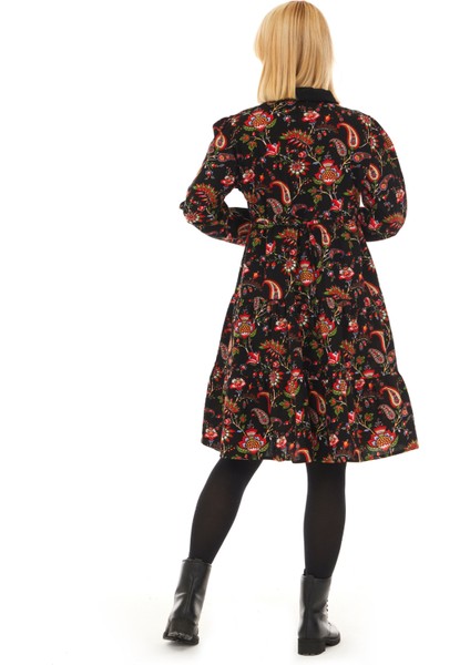 Pazen Siyah Sarmaşık Desen Sonbahar Kış Elbise indirimleri