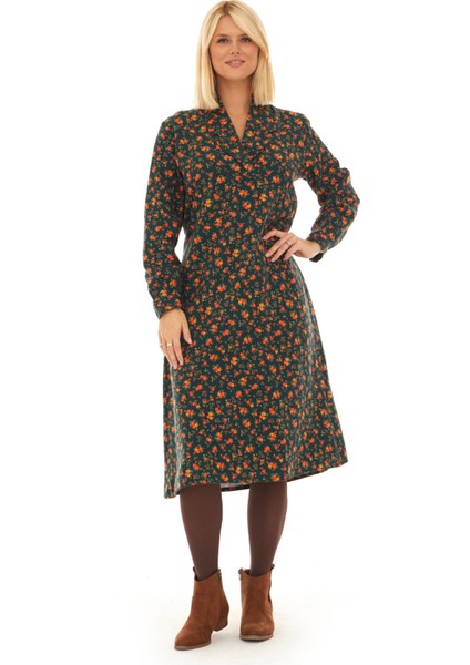 Pazen Yeşil Çiçek Detay Midi Sonbahar Kış Elbise