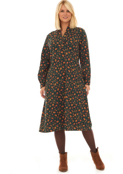 Pazen Yeşil Çiçek Detay Midi Sonbahar Kış Elbise modelleri