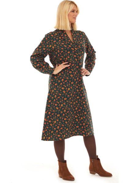 Pazen Yeşil Çiçek Detay Midi Sonbahar Kış Elbise fırsatları