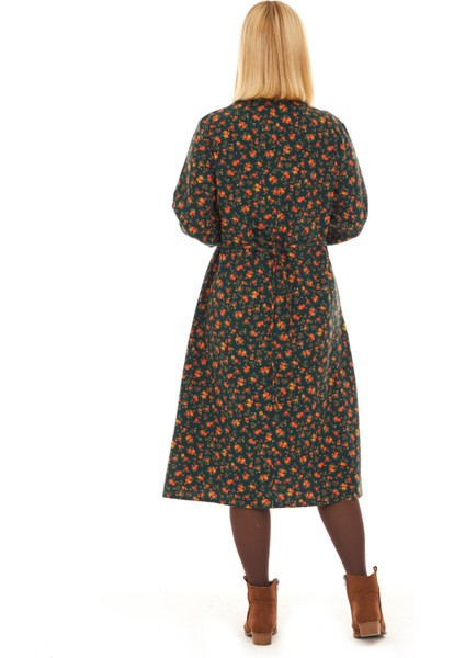 Pazen Yeşil Çiçek Detay Midi Sonbahar Kış Elbise indirimleri