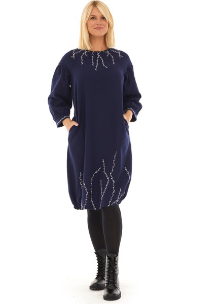 Pazen Lacivert Sarmaşık Işlemeli Sonbahar Kış Elbise