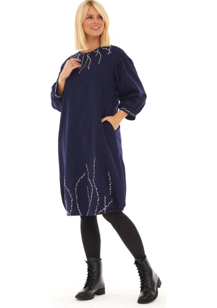 Pazen Lacivert Sarmaşık Işlemeli Sonbahar Kış Elbise fiyatları