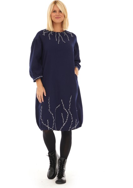 Pazen Lacivert Sarmaşık Işlemeli Sonbahar Kış Elbise modelleri