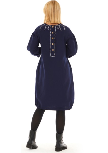 Pazen Lacivert Sarmaşık Işlemeli Sonbahar Kış Elbise indirimleri