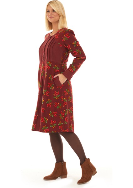 Pazen Bordo Çiçekli Sonbahar ve Kışlık Elbise modelleri