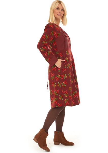 Pazen Bordo Çiçekli Sonbahar ve Kışlık Elbise fırsatları