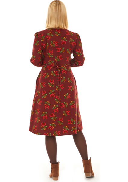 Pazen Bordo Çiçekli Sonbahar ve Kışlık Elbise indirimleri