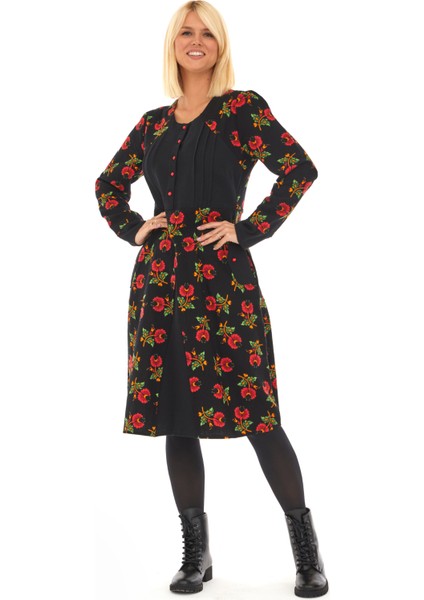 Pazen Siyah Çiçekli Sonbahar ve Kışlık Elbise