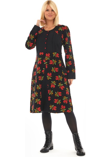 Pazen Siyah Çiçekli Sonbahar ve Kışlık Elbise fiyatları