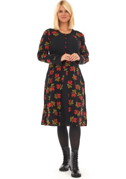 Pazen Siyah Çiçekli Sonbahar ve Kışlık Elbise modelleri