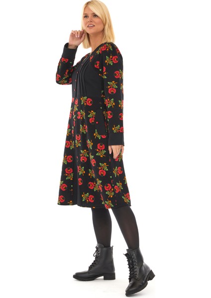 Pazen Siyah Çiçekli Sonbahar ve Kışlık Elbise fırsatları