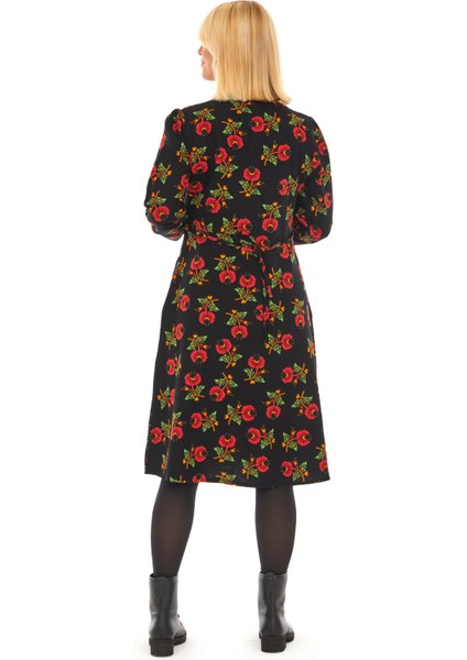 Pazen Siyah Çiçekli Sonbahar ve Kışlık Elbise indirimleri