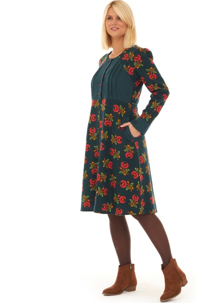 Pazen Petrol Çiçekli Sonbahar ve Kışlık Elbise modelleri