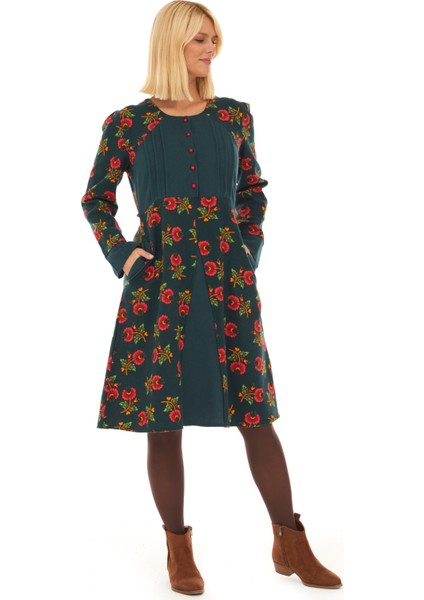 Pazen Petrol Çiçekli Sonbahar ve Kışlık Elbise indirimleri