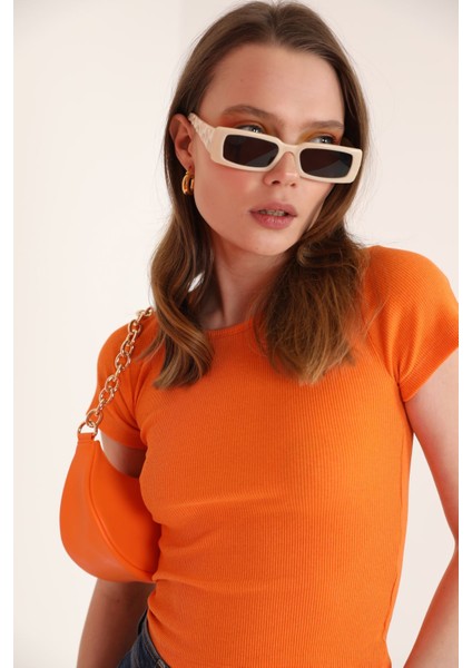 Kaşkorse Kumaş Kısa Kol Basic Kadın Bluz-Oranj