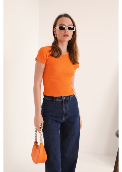 Kaşkorse Kumaş Kısa Kol Basic Kadın Bluz-Oranj