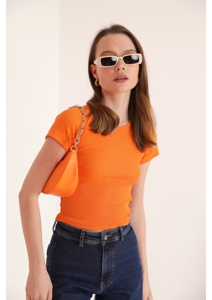 Kaşkorse Kumaş Kısa Kol Basic Kadın Bluz-Oranj