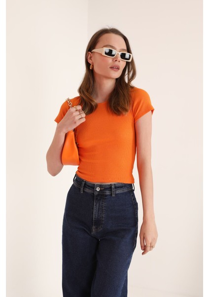 Kaşkorse Kumaş Kısa Kol Basic Kadın Bluz-Oranj