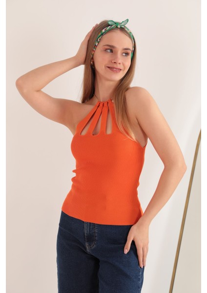Triko Kumaş Zincir Detay Kadın Bluz-Oranj