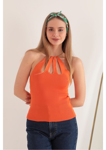 Triko Kumaş Zincir Detay Kadın Bluz-Oranj modelleri