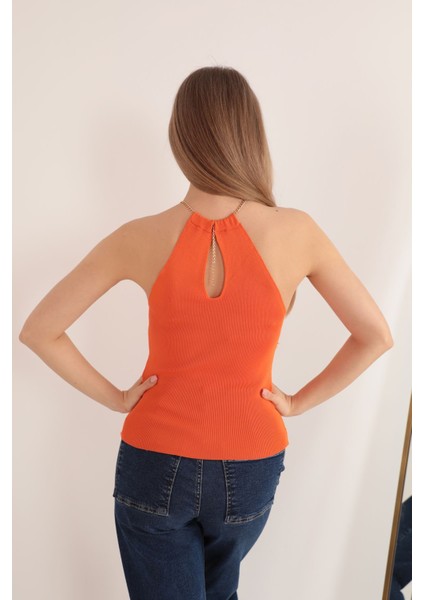 Triko Kumaş Zincir Detay Kadın Bluz-Oranj fırsatları