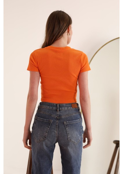 Kaşkorse Kumaş V Yaka Kısa Kol Kadın Bluz-Oranj modelleri