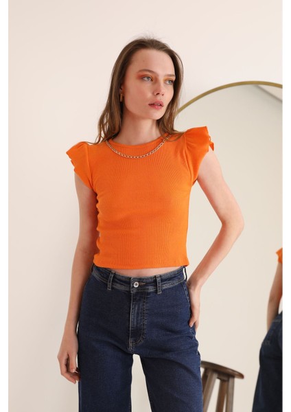 Kaşkorse Kumaş Kolları Fırfırlı Zincir Detay Kadın Bluz-Oranj fiyatları