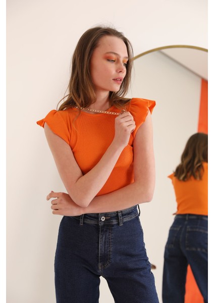 Kaşkorse Kumaş Kolları Fırfırlı Zincir Detay Kadın Bluz-Oranj modelleri