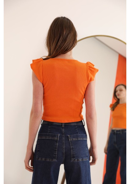 Kaşkorse Kumaş Kolları Fırfırlı Zincir Detay Kadın Bluz-Oranj fırsatları